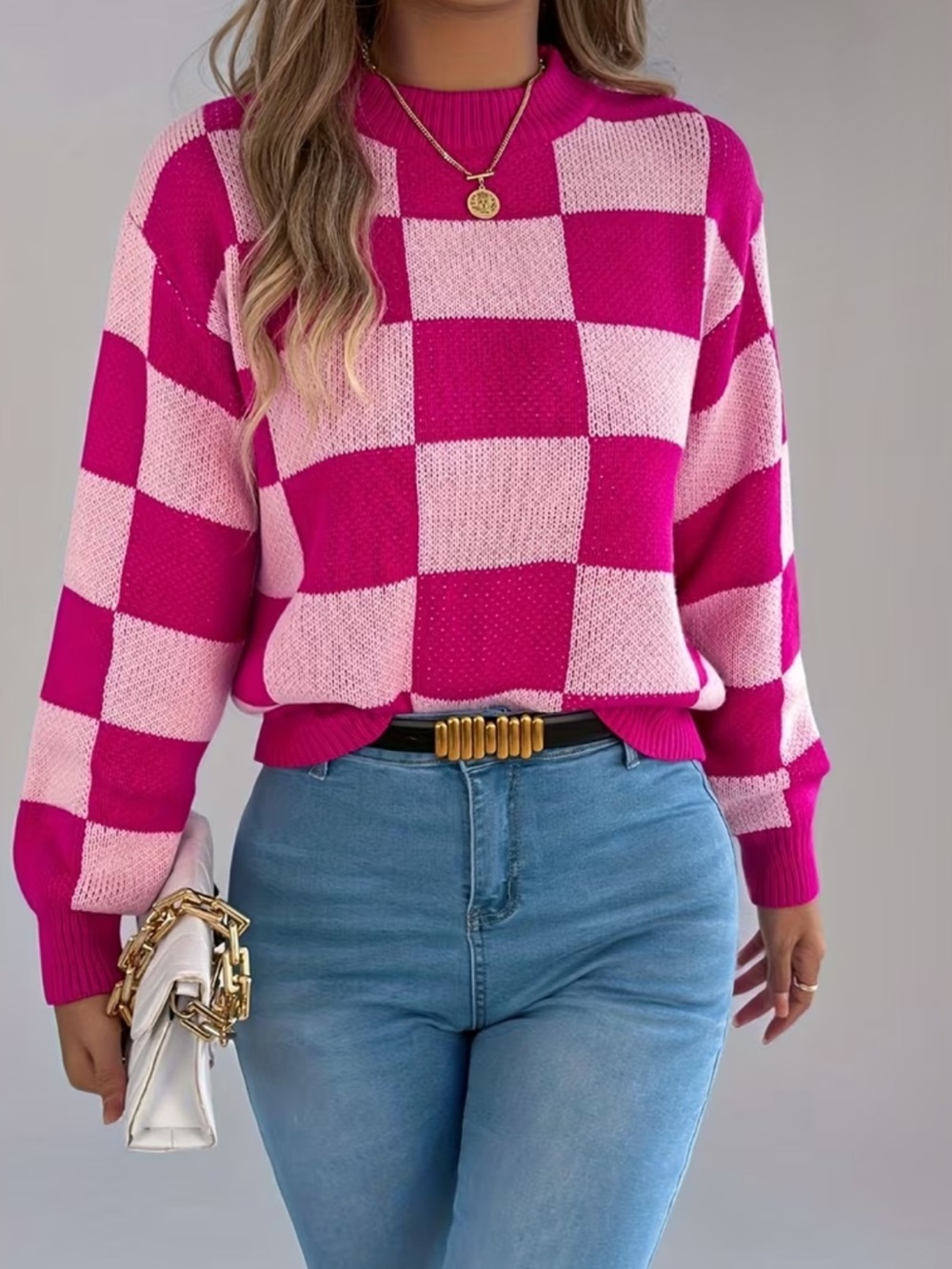Women's Pink Checkerboard Knit Sweater